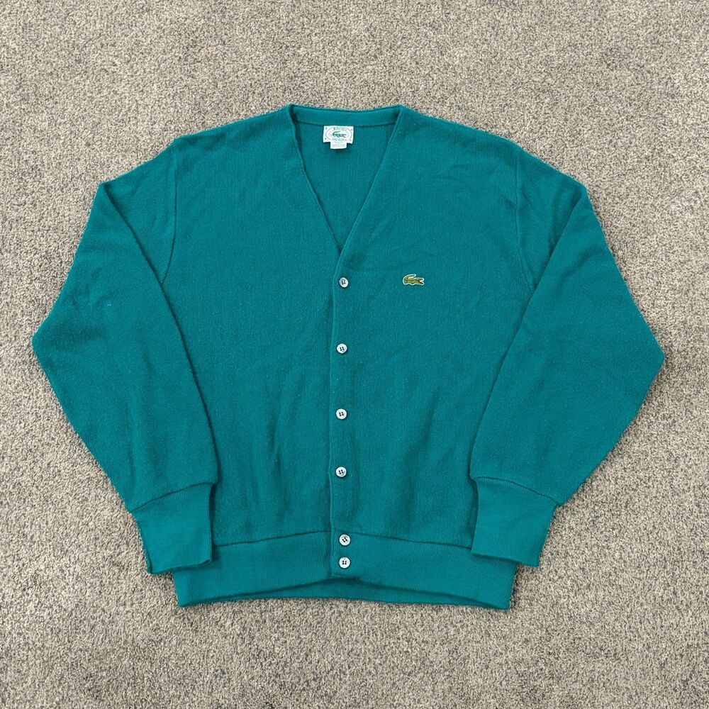 Vintage 70s Izod Lacoste Teal Blue Acrylic USA Made Sweater Cardigan Men's Large